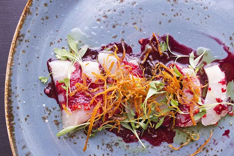 Kona kampachi with beet, ginger, chile, sea salt and coriander. - PHOTO BY MABEL SUEN
