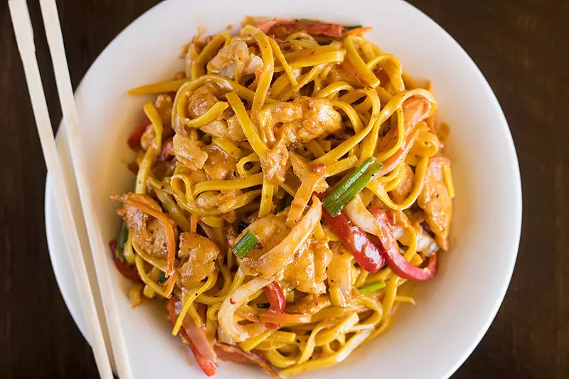Chipotle chicken noodles are served in a coconut-chipotle sauce. - MABEL SUEN