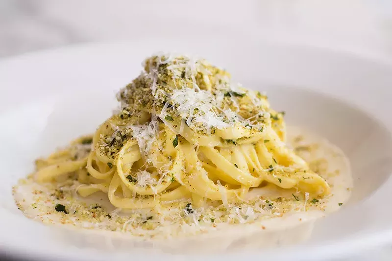 Tagliolini with cauliflower puree, tagliolini noodles, anchovy gremolata and parmesan. - MABEL SUEN