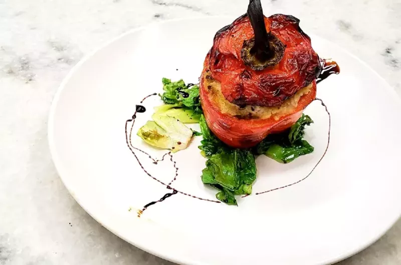 The Pepper Kasai is stuffed with bread crumbs, olives, capers and Parmesan cheese. - KRISTEN FARRAH