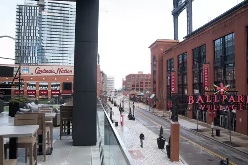 The view of Ballpark Village and Busch Stadium from the second-floor the Bullock, set to open soon. - TRENTON ALMGREN-DAVIS