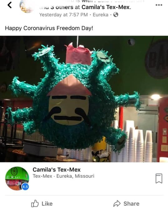 The owners of Camila's Tex-Mex have deleted its Facebook page following a wave of backlash after photos surfaced of a racist piñata hanging in its dining room. - SCREENSHOT VIA FACEBOOK