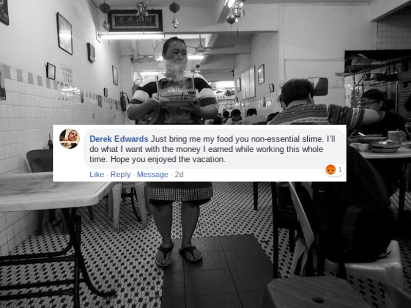 Just one of the many lovely replies we got on our Facebook page after suggesting people tip generously during a pandemic. - ADAPTED PHOTO, ORIGINAL BLACK AND WHITE PHOTO VIA FLICKR/JOHN RAGAL