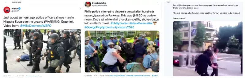 From left: Buffalo police step past 75-year-old, Philly police Officer Joe Bologna clubs a protester and Indianapolis police use batons on a woman. - TWITTER SCREEN SHOTS