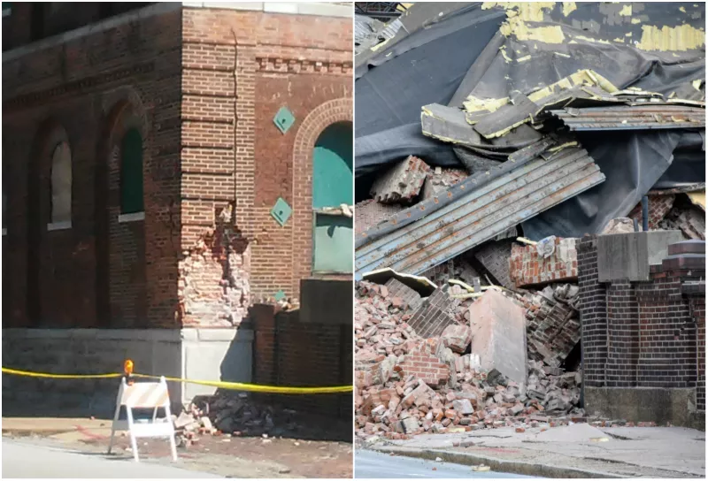 Before-and-after photos of the corner of a Lemp Brewery building that collapsed. - AARON P. BURY/DOYLE MURPHY