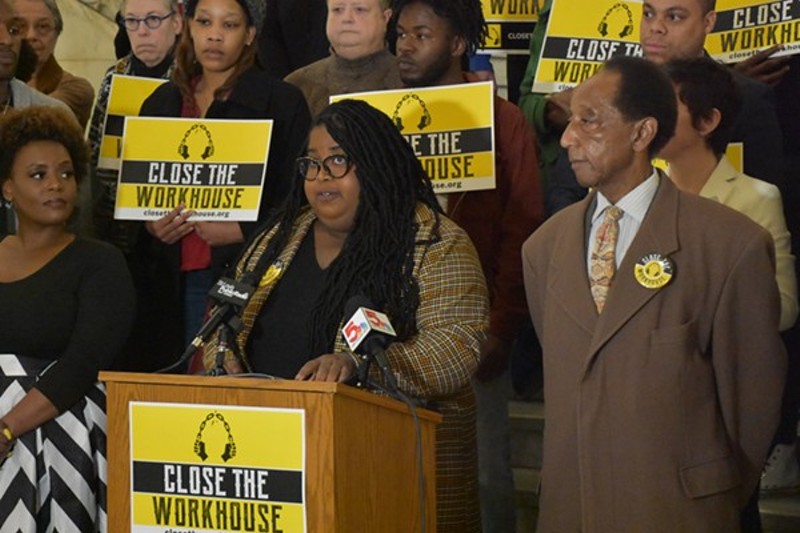 Action St. Louis Executive Director Kayla Reed speaking in January during the Close the Workhouse campaign. - DOYLE MURPHY