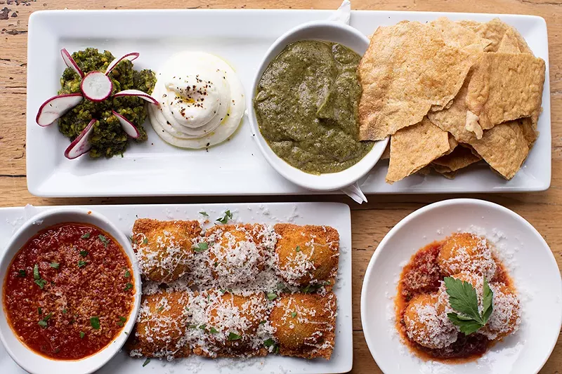 Pistachio pesto and charred zucchini dip, toasted ravioli and arancini. - MABEL SUEN