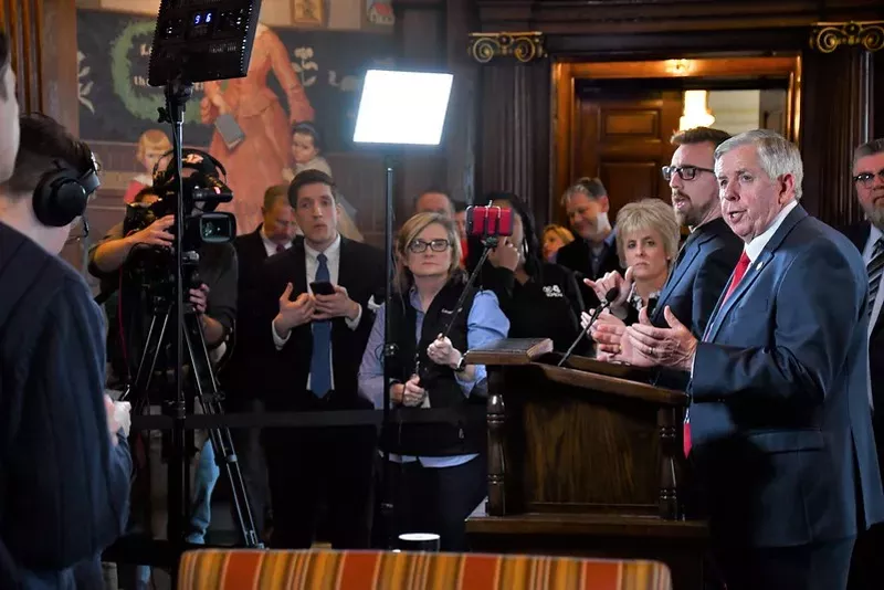 Missouri Gov. Mike Parson, shown on March 13, 2020, declaring a state of emergency. - MISSOURI GOVERNOR'S OFFICE