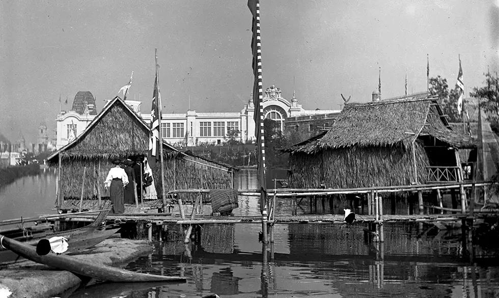 A bamboo structure was built for the Moro tribe on Arrowhead Lake as part of the 47-acre Philippine Village at the 1904 World’s Fair. - MISSOURI HISTORY MUSEUM COLLECTIONS