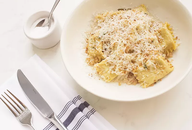 Brisket agnolotti with Hubbard squash, cabbage and brown butter. - PHOTO BY MABEL SUEN
