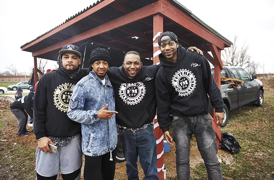 Liddell, far right, with his Future Millionaire crew: NDot, Jermaine Willis and Sanchez Curry. - THEO WELLING