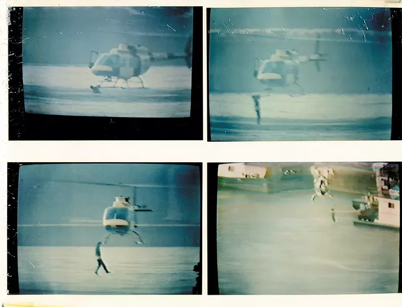 Barklage kept these stills from a TV broadcast in his scrapbook. They show a man who had jumped from a bridge hanging onto Barklage's helicopter during a successful rescue.