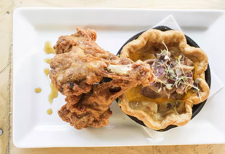 "Duck & Pie": Such & Such Farms' barrel-aged maple syrup glazed duck confit legs, pulled duck confit and savory apple pie. - MABEL SUEN