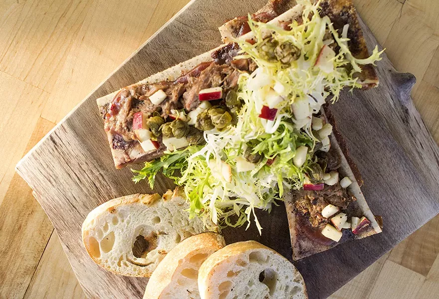 "Short Rib & Bone Marrow" with Medjool-date jam, frisee and Doublestar apple salad. - MABEL SUEN