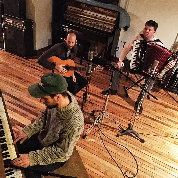 Bosnian accordion master Mensur Hatic, American singer Ben Tulin and Louis Wall in the studio. - PHOTO BY JARRED GASTREICH