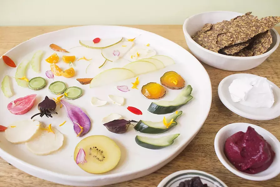 Nukazuke is a traditional rice-bran pickle served with beet mousse, coconut yogurt, pear butter and flax-seed chips. - MABEL SUEN