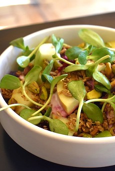 Beet salad with Fuji apple, yogurt vinaigrette, pistachios, toasted seeds and sunflower shoots.