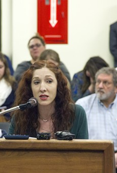 Sally Hunt, a Parkway parent, speaks during a March 8 school board meeting. Hunt and other parents are demanding Best Choice open its curriculum for easier public viewing.