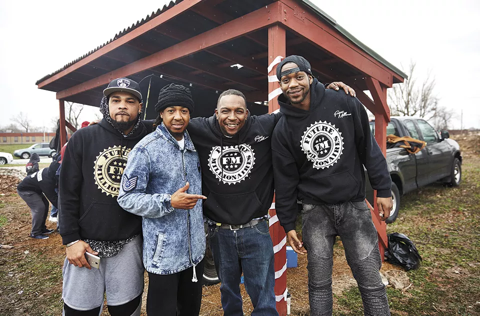 Liddell, far right, with his Future Millionaire crew: NDot, Jermaine Willis and Sanchez Curry. - THEO WELLING