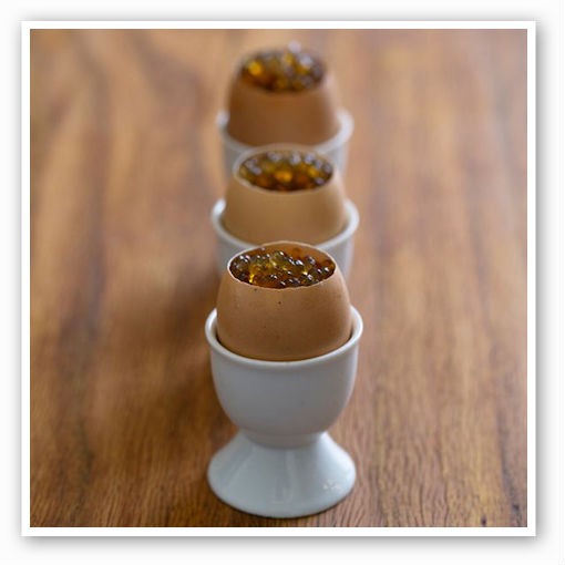 Eggshells filled with lemon-maple custard, shiitake mushrooms and bonito caviar | Jennifer Silverberg