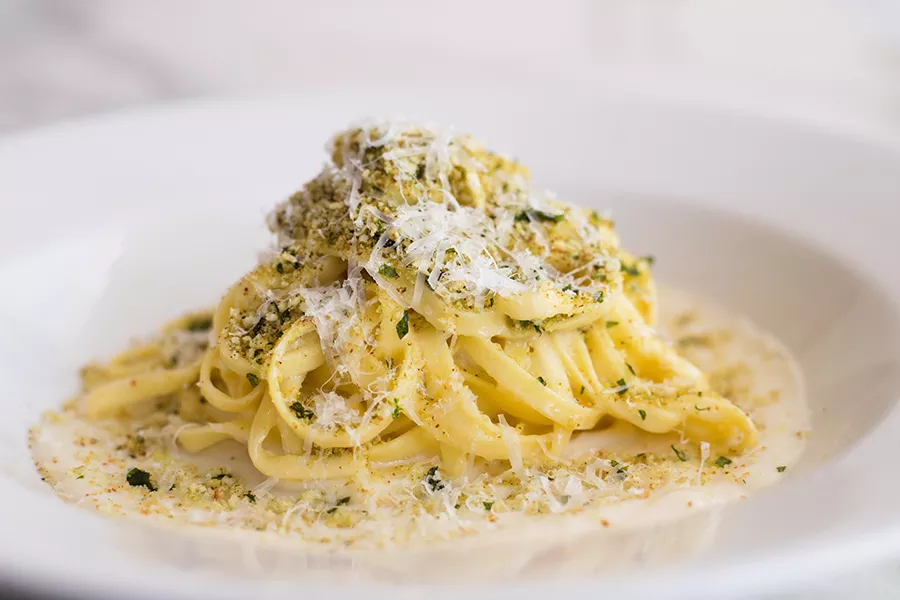Tagliolini with cauliflower puree, tagliolini noodles, anchovy gremolata and parmesan. - MABEL SUEN