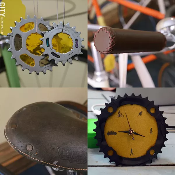 Bike art, materials, and equipment details inside Yellow Haus Bicycles. - PHOTO BY LARISSA COE