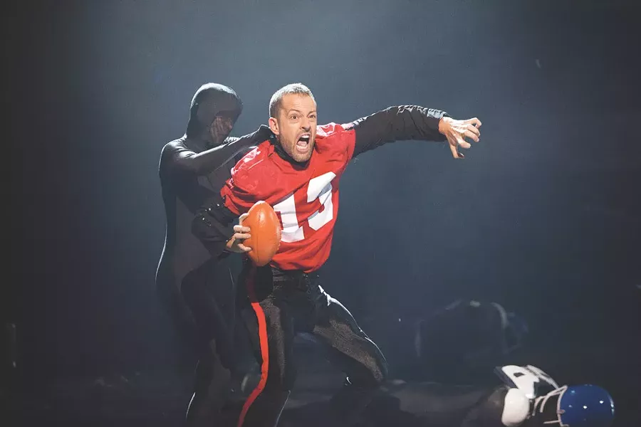 Darren Stevenson (in red) and other members of PUSH Physical Theatre perform a Super Bowl-inspired routine on truTV's "Fake Off." - PHOTO BY ANNETTE BROWN