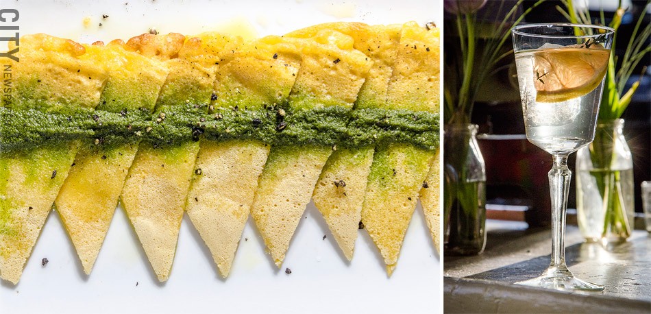 From Good Luck: chickpea fritters with kale pesto (left) and a White Negroni (right). - PHOTO BY MARK CHAMBERLIN