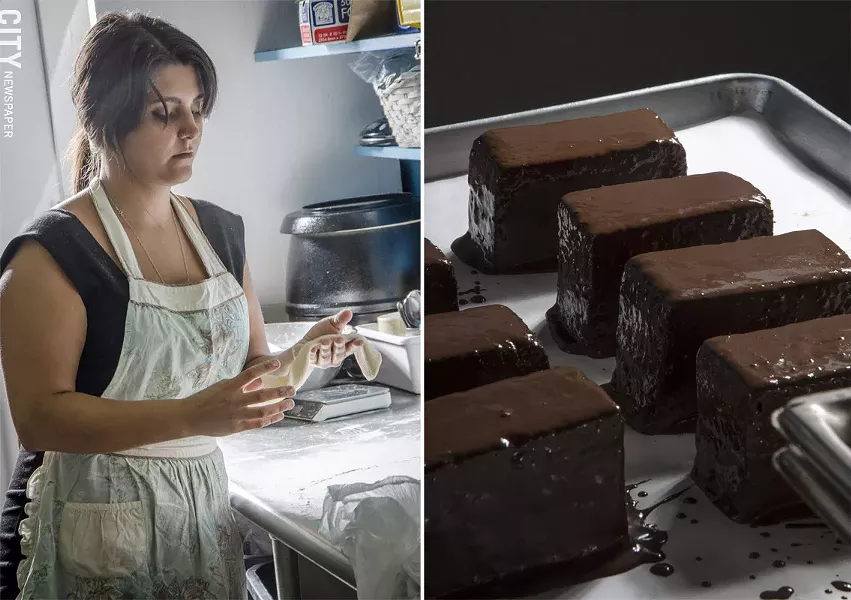 (left) Voula Katsetos-Stratton of Voula's Greek Sweets. Of strong Greek descent, Voula focuses on the kind of Greek dishes you would find at grandma's house. (right) Dipped chocolatinas from Voula's Greek Sweets. - PHOTO BY MARK CHAMBERLIN