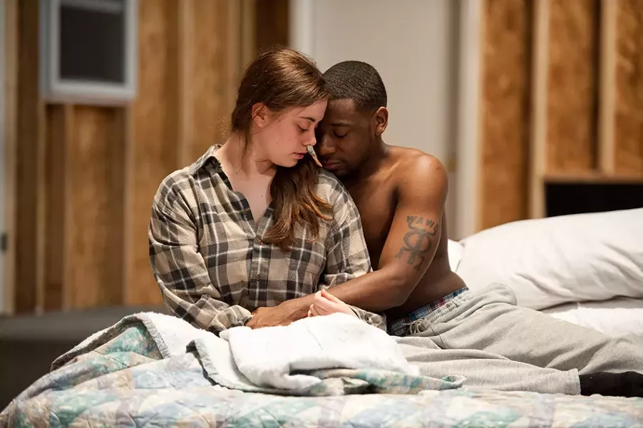 Margaret (freshman Halle Burns) and Matthew (junior Shaquill McCullers) in the University of Rochester Todd Theatre's production of "The Rochester Plays." PHOTO BY J. ADAM FENSTER / UNIVERSITY OF ROCHESTER