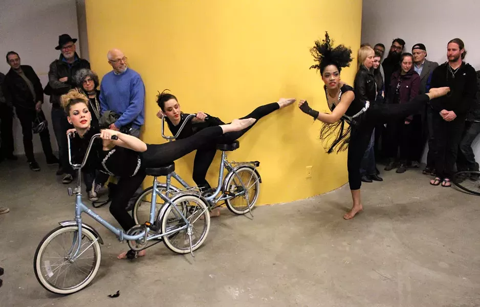 Once Dance Co. performed a bicycle-themed routine at the opening reception for Rochester Contemporary's current show, "Ride It: Art and Bikes in Rochester." The art center also provided a bike valet service for cyclists. - PHOTO PROVIDED