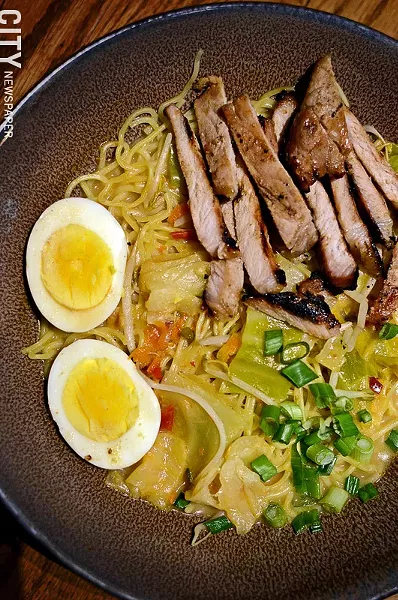 Ramen with pork-bone broth, noodles, roasted pork, scallions, and egg from Furoshiki on Park Avenue. - PHOTO BY MATT DETURCK