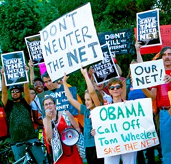 (right) Under the FCC’s proposed new rules, corporate giants such as Comcast could charge entities to use faster bandwidth. Here, activists in Los Angeles rally for net neutrality. PHOTO BY STACIE ISABELLA TURK/RIBBONHEAD (VIA FLICKR)