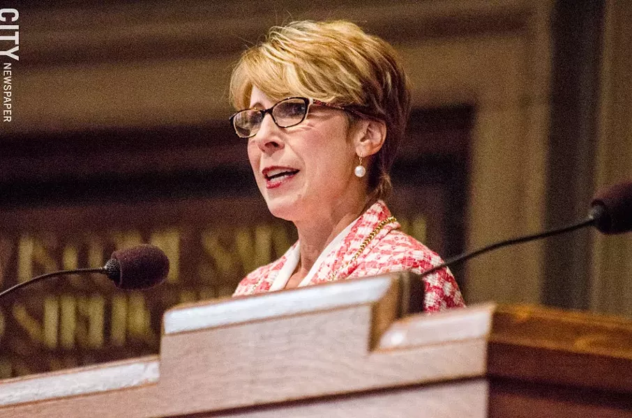 Sue Cotroneo, managing director of Rochester Lyric Opera, announces plans to convert a former East Avenue church into a performance hall. - PHOTO BY MARK CHAMBERLIN