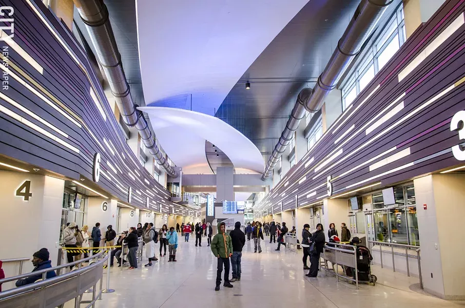 The design of the Mortimer Street transit center is supposed to encourage movement and discourage loitering. - PHOTO BY MARK CHAMBERLIN