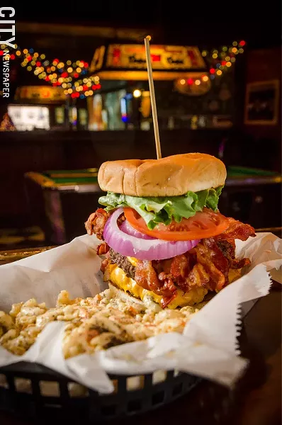 The Double Bacon Chicken Cheeseburger (a cheeseburger, bacon, and chicken fingers on a roll) with mac salad, from Marshall Street. - PHOTO BY MARK CHAMBERLIN