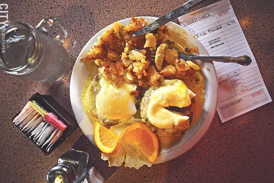 The Irish Benedict, made with corned beef and Swiss cheese, at Peppermint’s Family Restaurant. - PHOTO BY MATT DETURCK