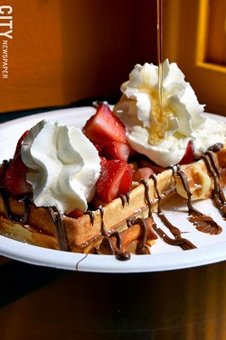 The "Mr. Popular" waffle (fresh fruit, whipped cream, Nutella, maple syrup) from Waffle Frolic. - PHOTO BY MATT DETURCK