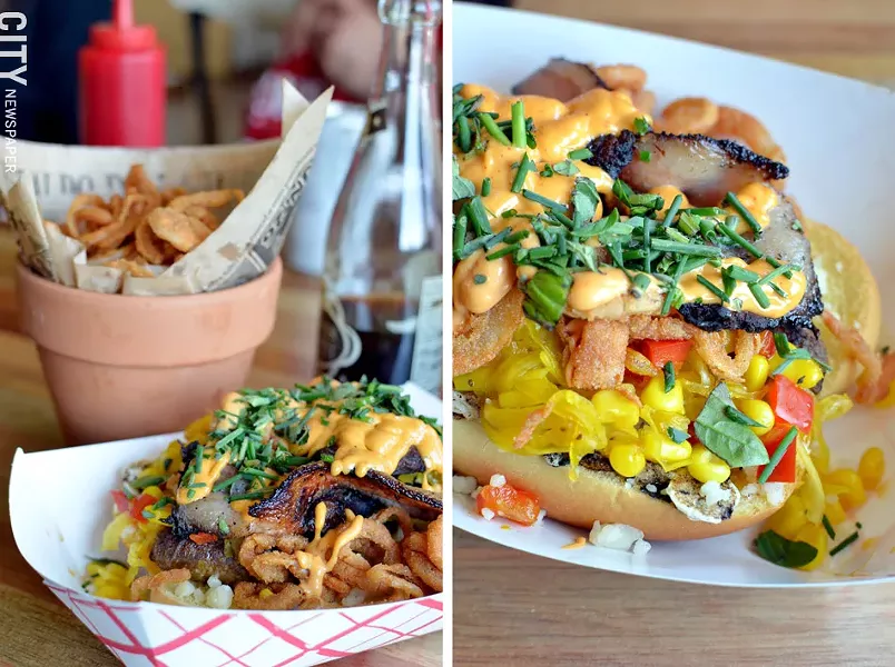 The "Whole Hog" (bacon, onions, cheese curds, corn, egg, chipotle mayo) on a house-made chorizo sausage from the FLX Wienery in Dundee. - PHOTO BY MATT DETURCK