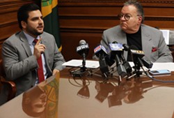 Monroe County Legislature Republican Majority Leader Brian Marianetti and legislature President Joe Carbone said that they first saw - proposed legislation that would limit the powers of County Executive-elect Adam Bello during at meeting of party members Tuesday at GOP Headquarters. - PHOTO BY MAX SCHULTE