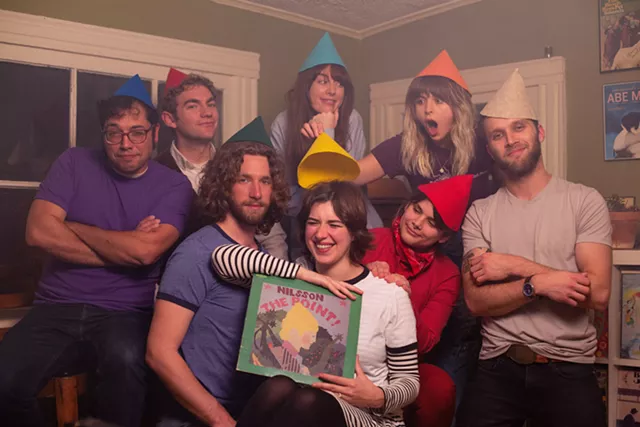 Cast members of “The Point!”: (clockwise from left) Ian Egling, Ben Morey, Katie Morey-Preston, Mikaela Davis, Ryan Yarmel, Kat Schwarz, Alison Coté, and Alex Coté. - PHOTO BY MIKE TURZANKSI