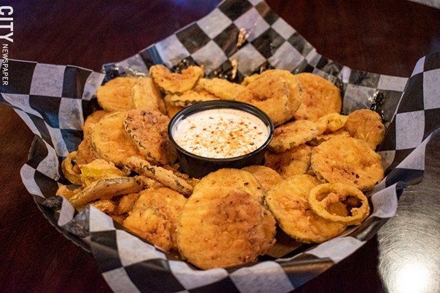 Deep-fried pickles, or, "a veritable bucket of crispy dill medallions interspersed with banana peppers." - PHOTO BY JACOB WALSH