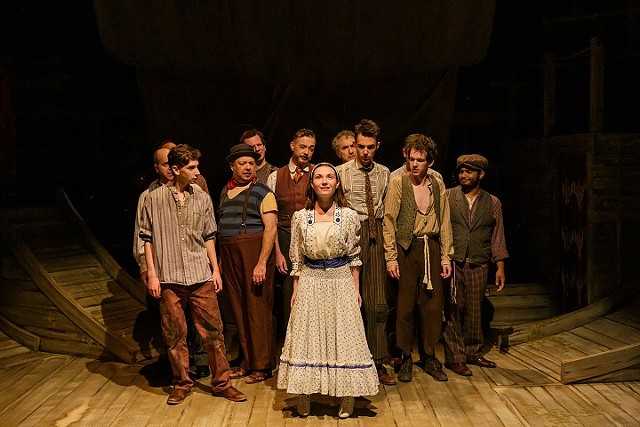 The cast of Blackfriars Theatre's production of "Peter and the Starcatcher," with Marcella Cincotta (as Molly Aster) in the center. - PHOTO BY GOAT FACTORY MEDIA / RON HEERKENS JR.