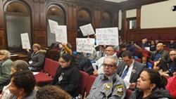 Housing activists turned out for Tuesday night's City Council meeting to support a rental vacancy study, which is necessary to opt into state rent stabilization laws. - PHOTO BY GINO FANELLI