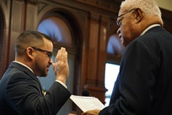 City Council member Jose Peo is sworn in by former Mayor Bill Johnson on January 2, 2020. - PHOTO BY GINO FANELLI