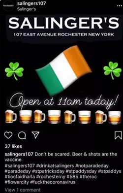 A screenshot of an Instagram post from Salinger's bar on East Avenue in Rochester on St. Patrick's Day 2020. - FILE PHOTO