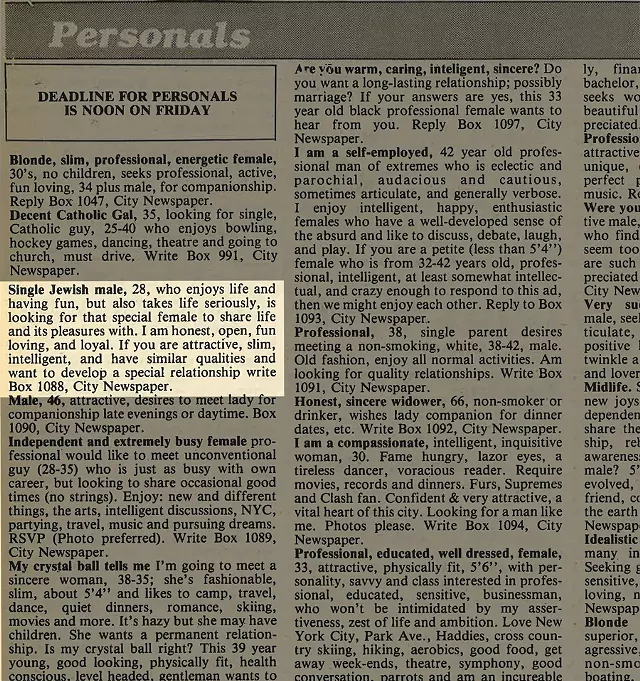 Jerry Elman placed this personal ad in CITY in March of 1983. - FILE PHOTO