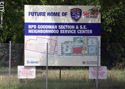 A sign marking what was to be the future location of a new police station on East Main Street. - PHOTO BY GINO FANELLI