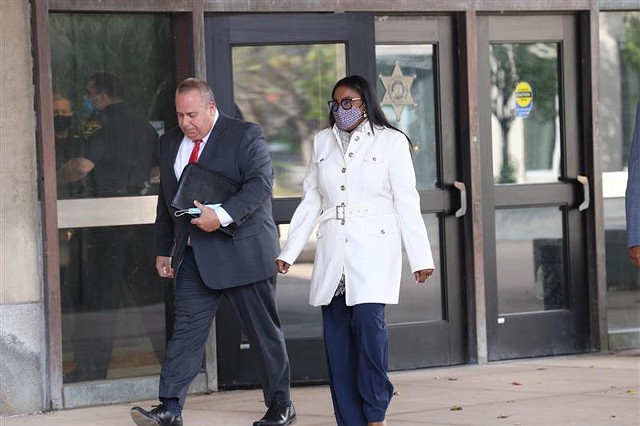 Mayor Lovely Warren and her lawyer, Joseph Damelio, enter the courthouse for her arraignment on felony charges related to alleged campaign finance violations on Oct. 5, 2020. - PHOTO BY MAX SCHULTE