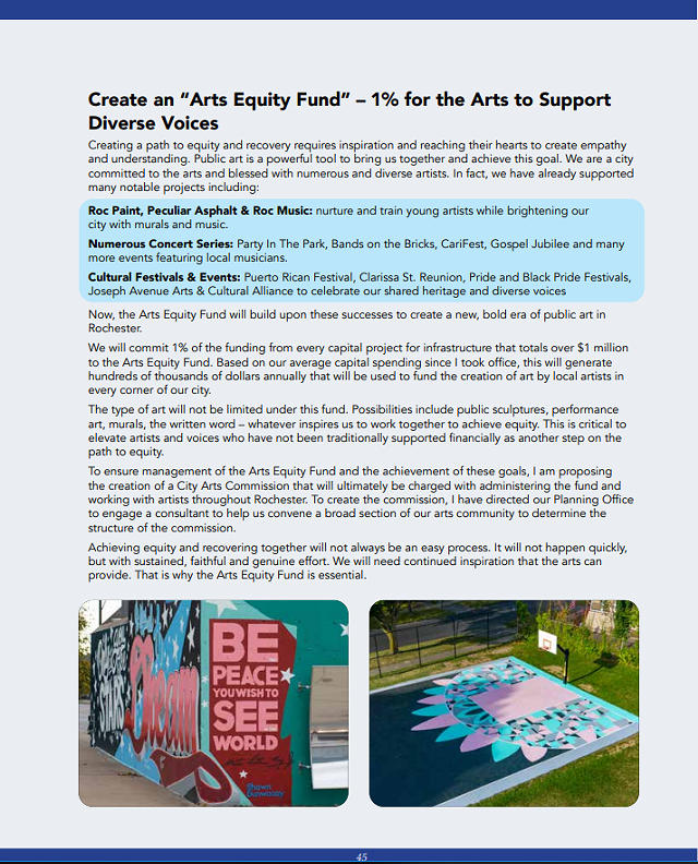 The excerpt from the 2021 State of the City booklet issued by the administration of Mayor Lovely Warren on Thursday, Jan. 7, 2021, that details the "Arts Equity Fund." - CITY OF ROCHESTER